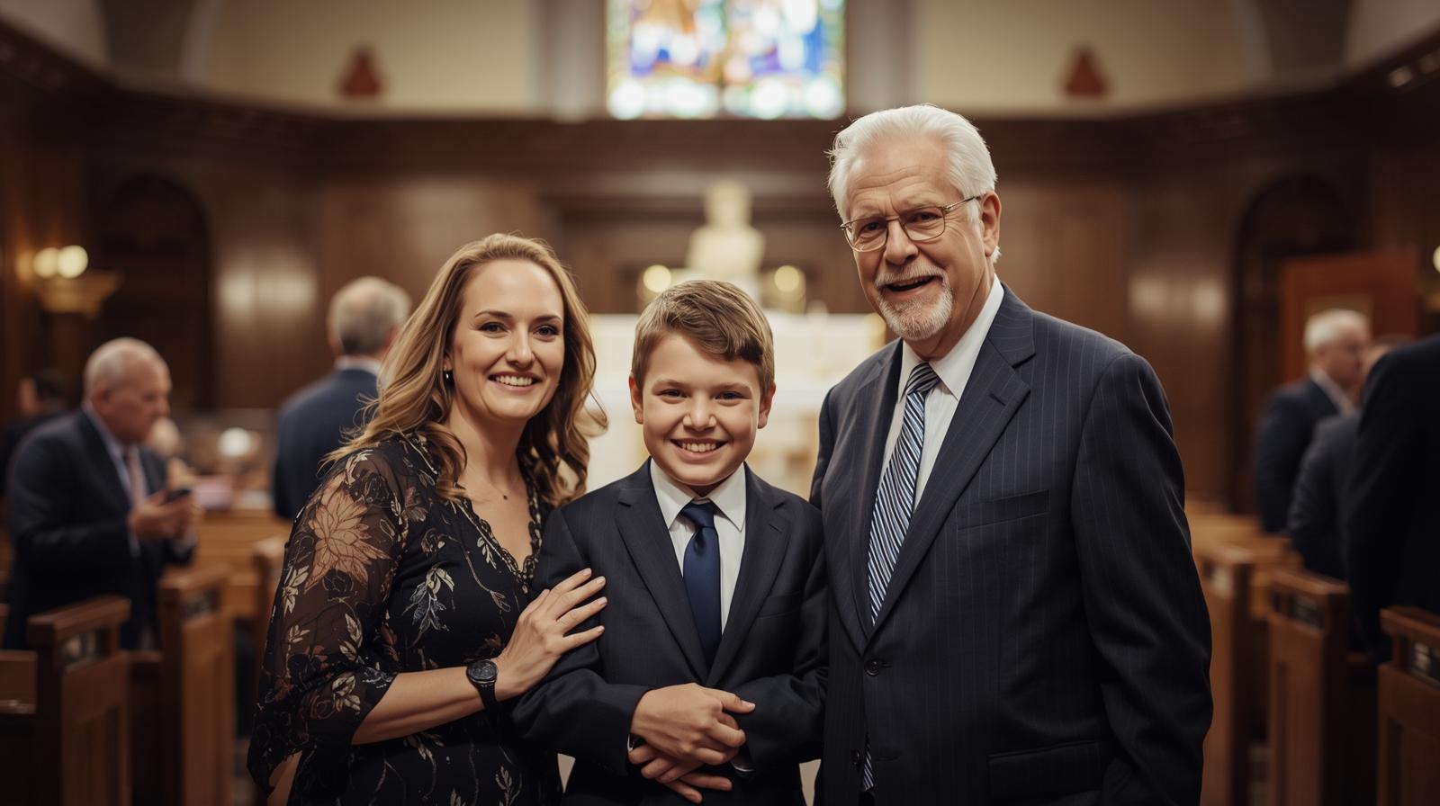 Family portrait celebrating a Bar Mitzvah inside a synagogue after the ceremony