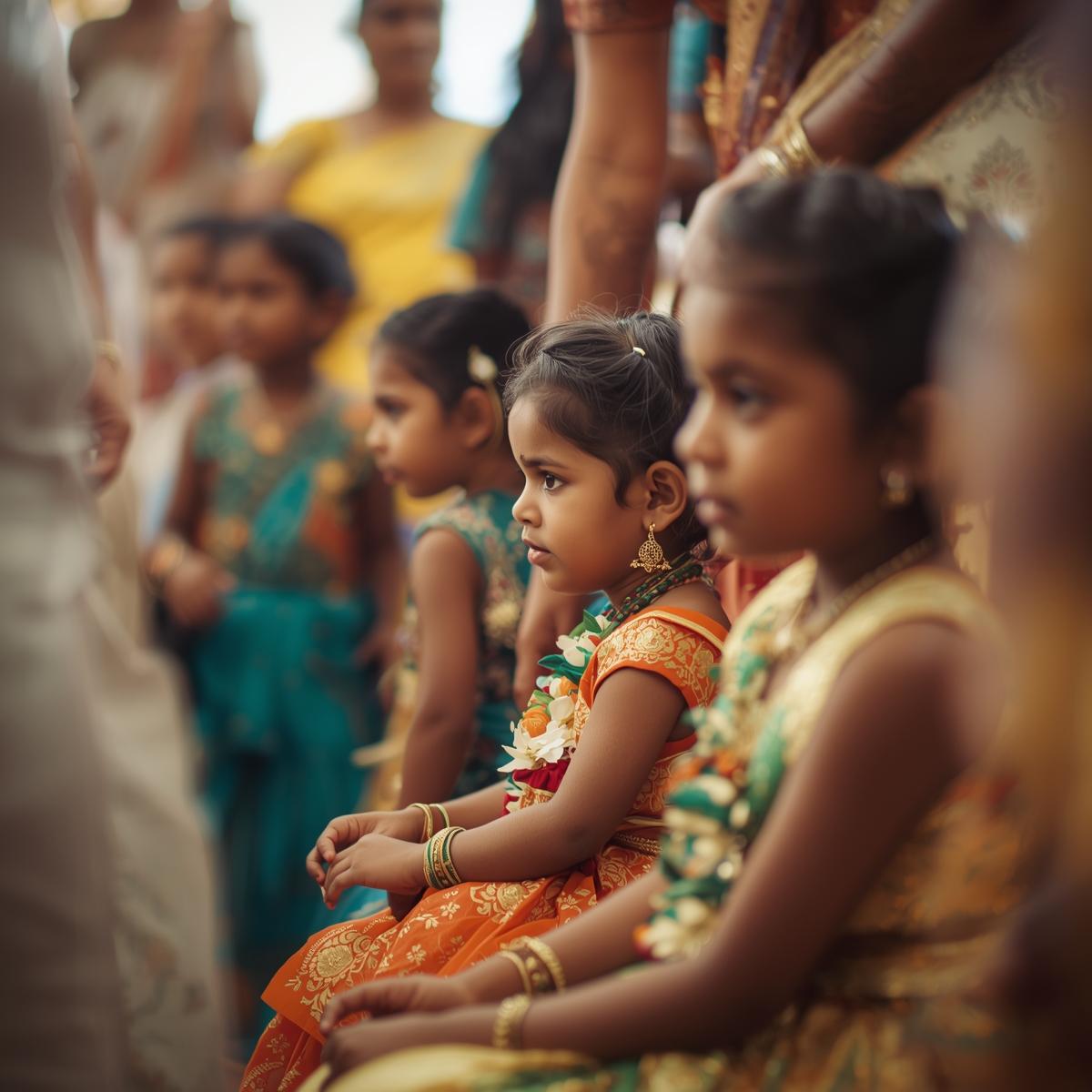 Children sitting together during a traditional Indian wedding ceremony in Burlington, MA