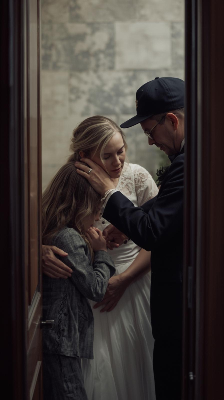 Bride and family sharing a quiet prayer together before the wedding ceremony