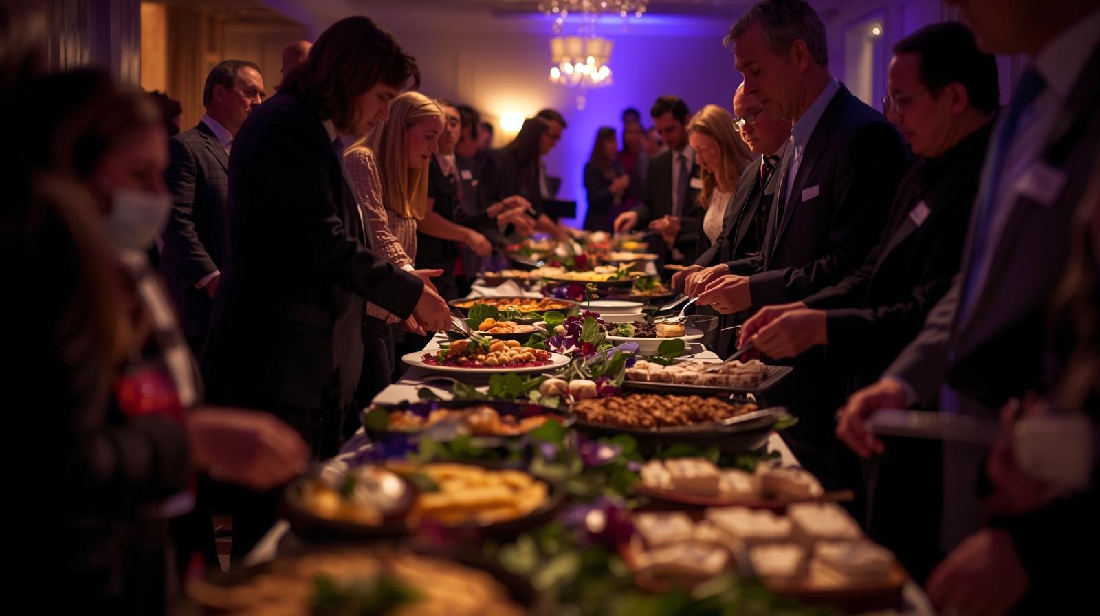 Guests enjoying a buffet during a Bar or Bat Mitzvah celebration reception