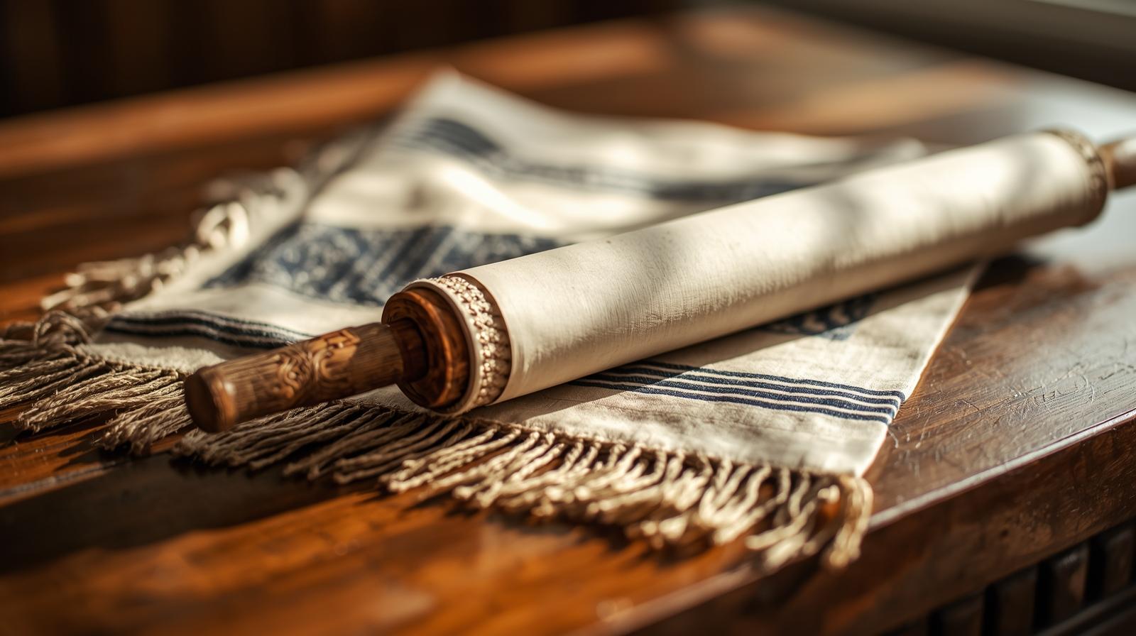 Torah scroll resting on a tallit prayer shawl inside a synagogue, symbolic of a Bar or Bat Mitzvah ceremony